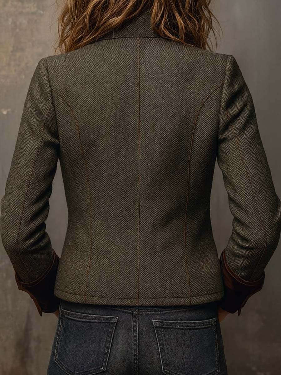 Honorine | Blazer Vintage a Chevron con Bordature a Contrasto