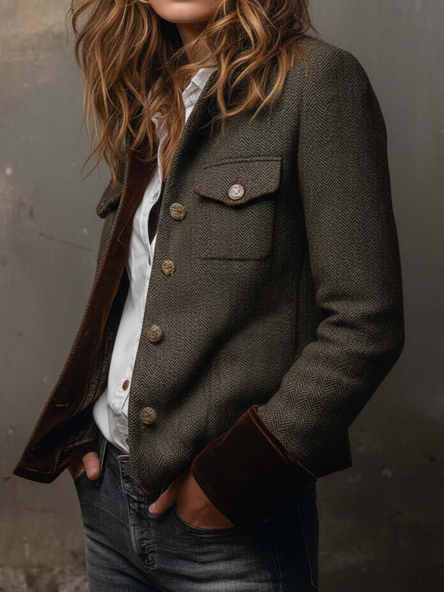 Honorine | Blazer Vintage a Chevron con Bordature a Contrasto