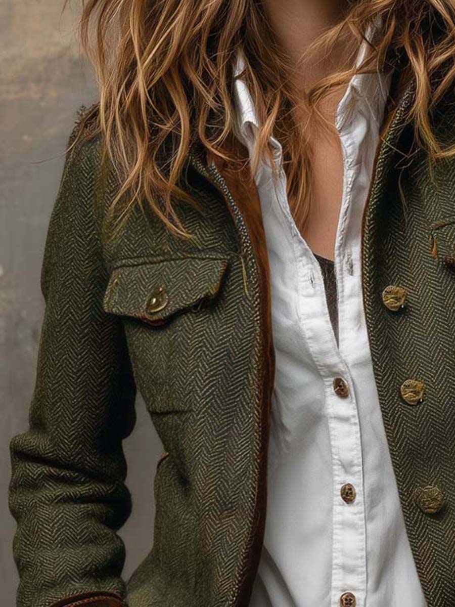 Honorine | Blazer Vintage a Chevron con Bordature a Contrasto