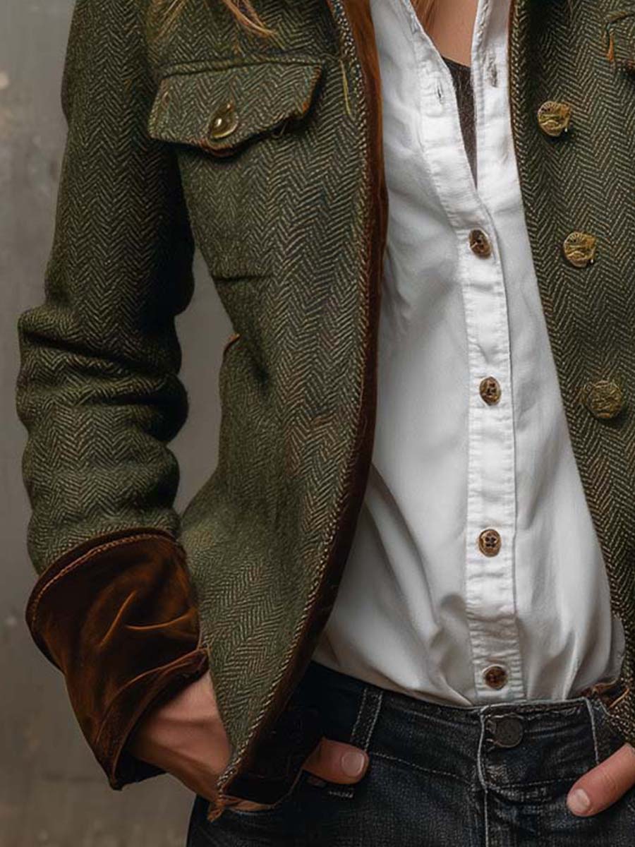 Honorine | Blazer Vintage a Chevron con Bordature a Contrasto