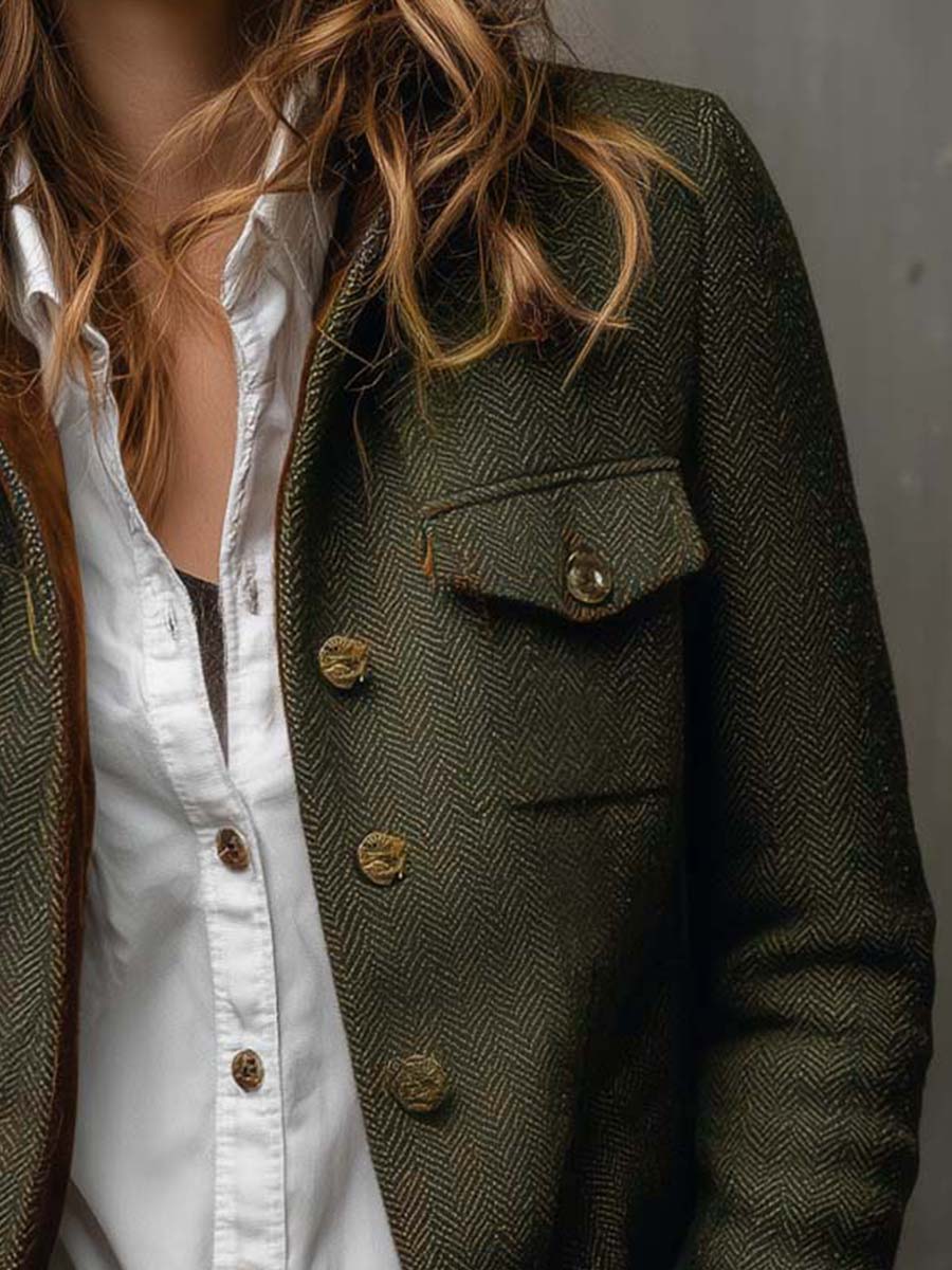 Honorine | Blazer Vintage a Chevron con Bordature a Contrasto