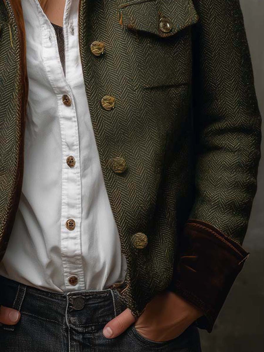 Honorine | Blazer Vintage a Chevron con Bordature a Contrasto
