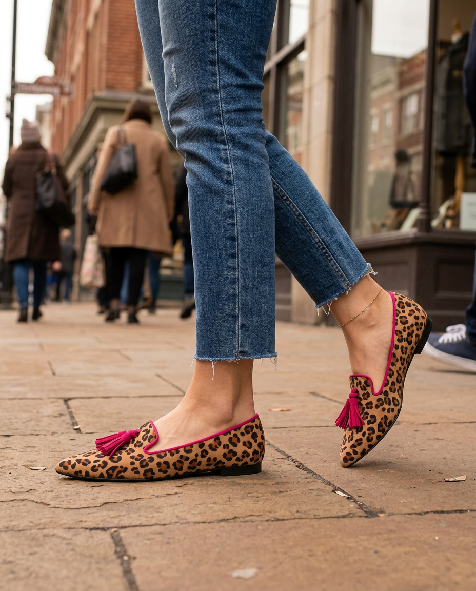 Mocassino Ginevra — Leopardo Scamosciato, Nappine Fucsia