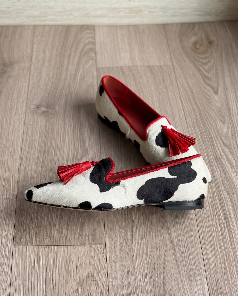 Mocassino Ginevra — Mucca Bianco e Nero, Nappine Rosse